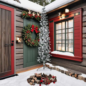 Smal halv plastgran med snö 240 cm