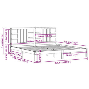 Sängram grå massivt trä 200x200 cm