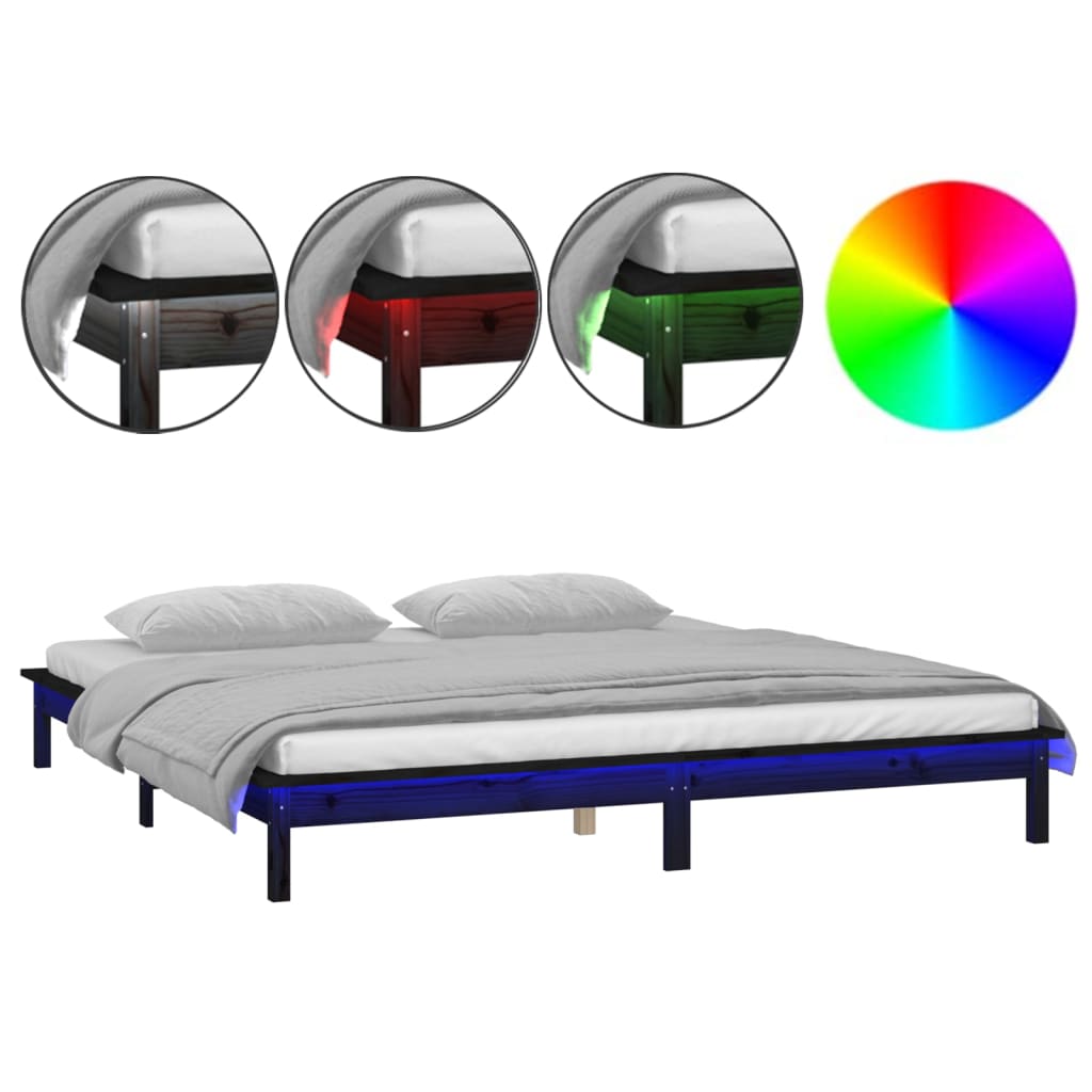 Sängram LED svart 160x200 cm massivt trä