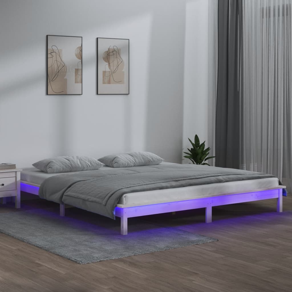 Sängram LED vit 180x200 cm massivt trä