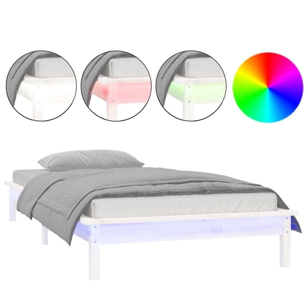 Sängram LED vit 75x190 cm massivt trä