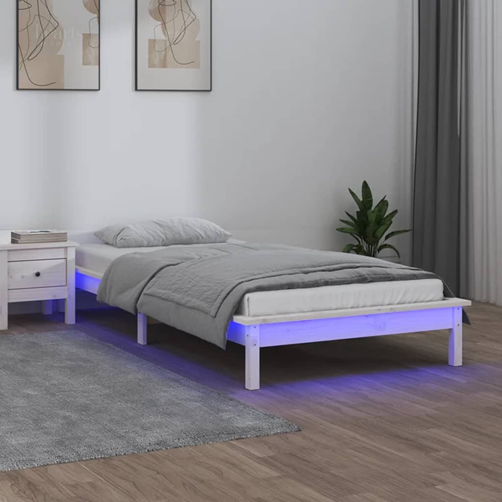 Sängram LED vit 75x190 cm massivt trä