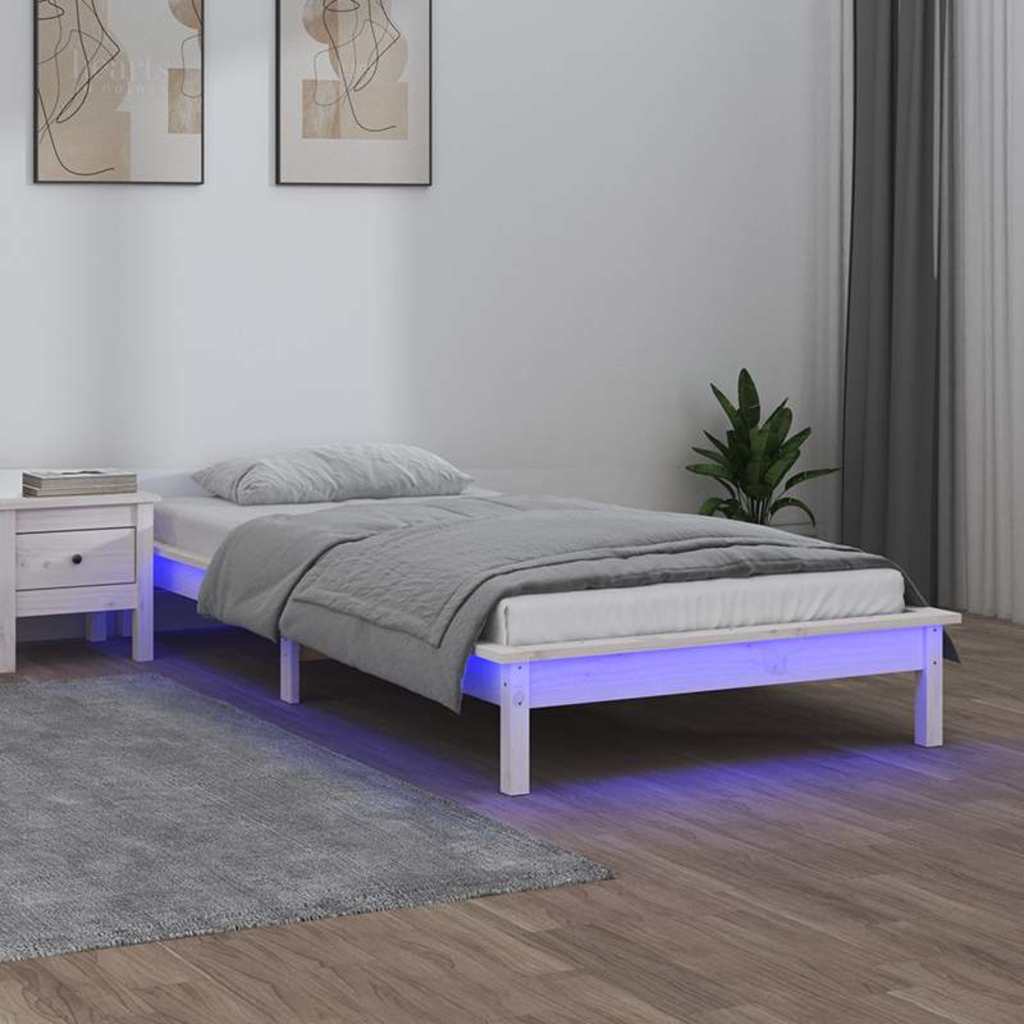 Sängram LED vit 90x190 cm massivt trä
