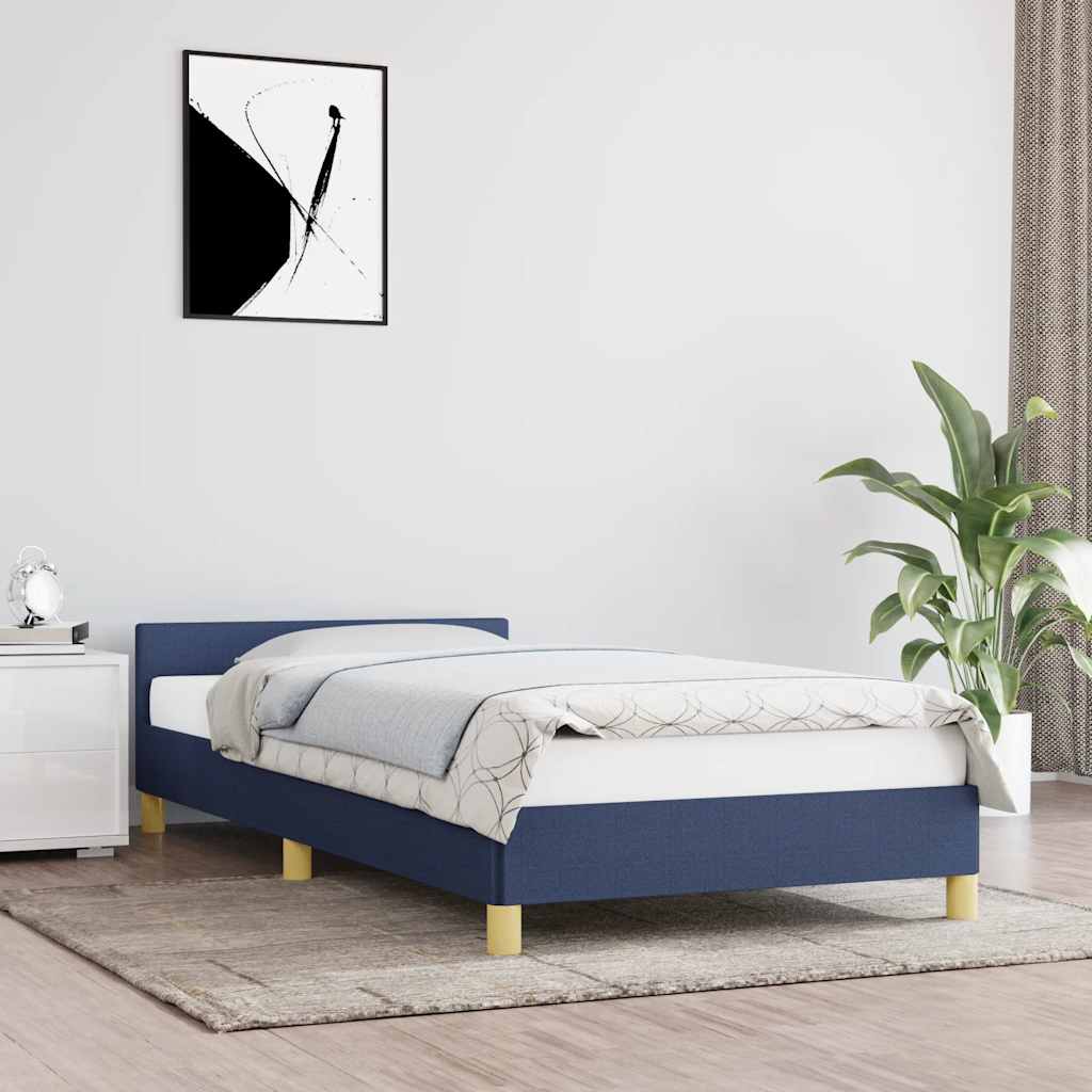 Sängram med huvudgavel utan madrass blå 90x200 cm tyg
