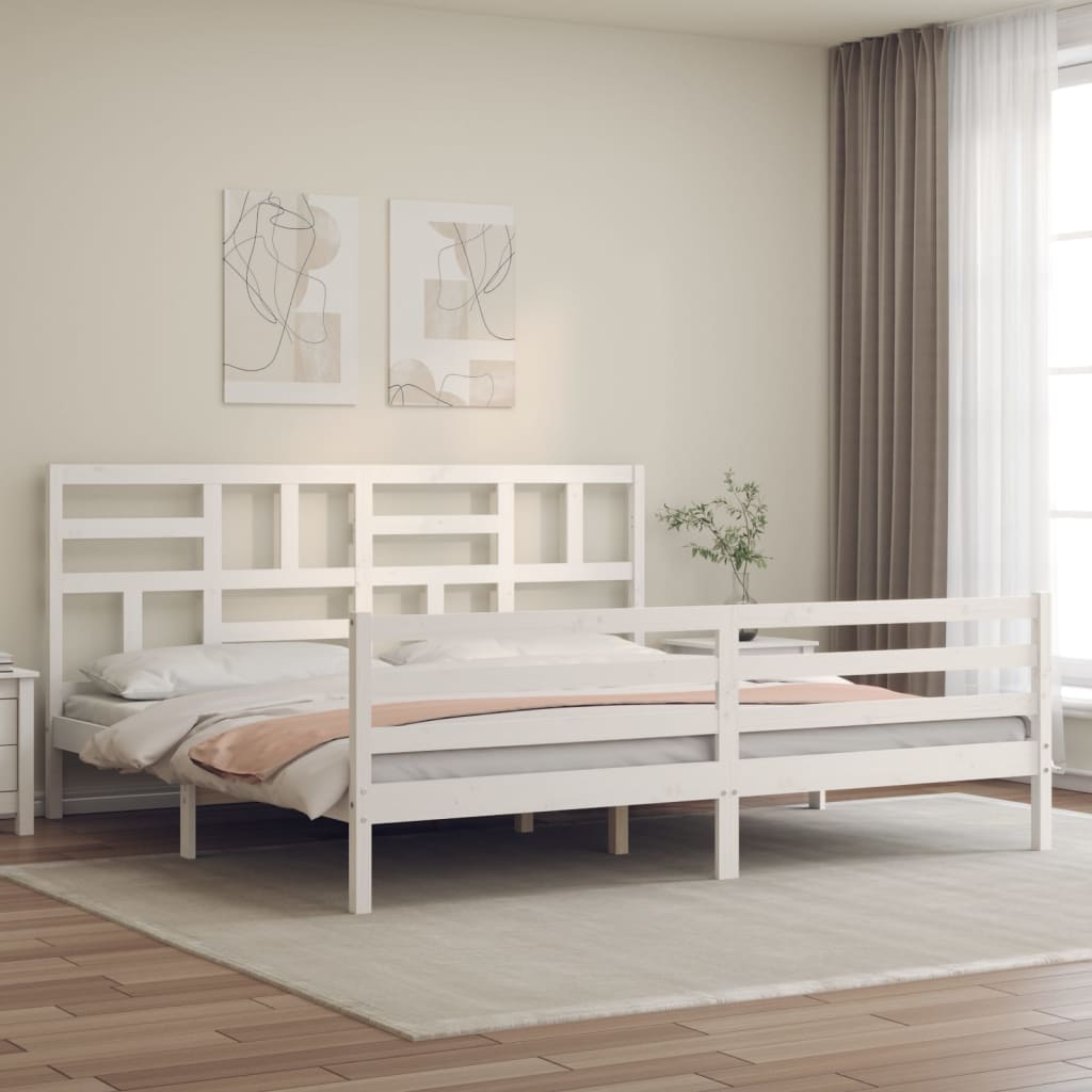 Sängram med huvudgavel vit 200x200 cm massivt trä