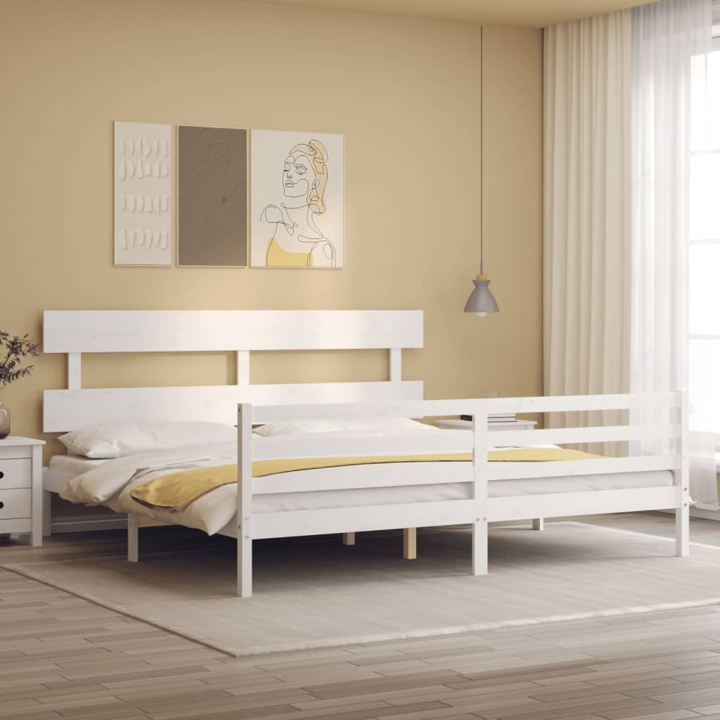 Sängram med huvudgavel vit 200x200 cm massivt trä