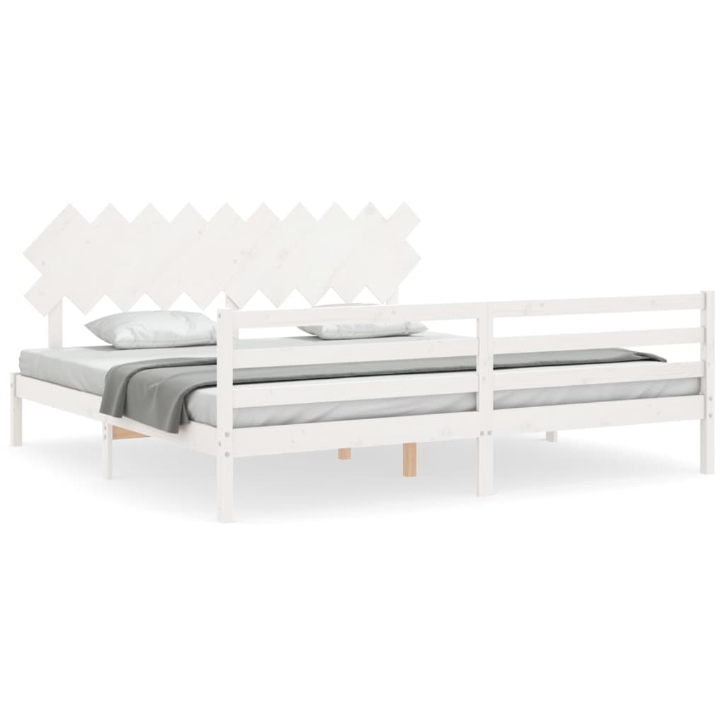 Sängram med huvudgavel vit 200x200 cm massivt trä