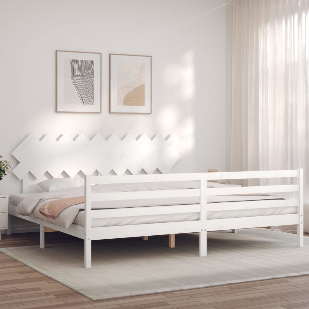 Sängram med huvudgavel vit 200x200 cm massivt trä