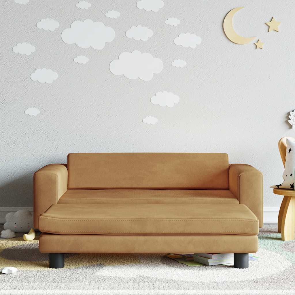 Barnsoffa med fotpall brun 100x50x30 cm sammet