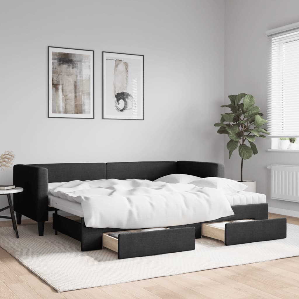 Dagbädd utdragbar med lådor svart 80x200 cm tyg