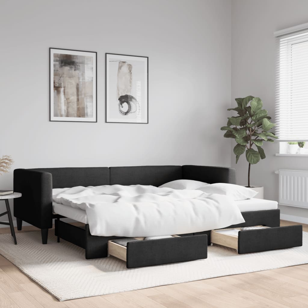Dagbädd utdragbar med lådor svart 90x190 cm tyg