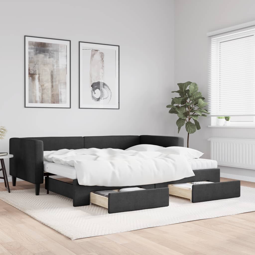 Dagbädd utdragbar med lådor svart 90x190 cm tyg