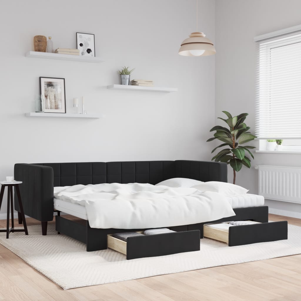 Dagbädd utdragbar med lådor svart 90x200 cm sammet