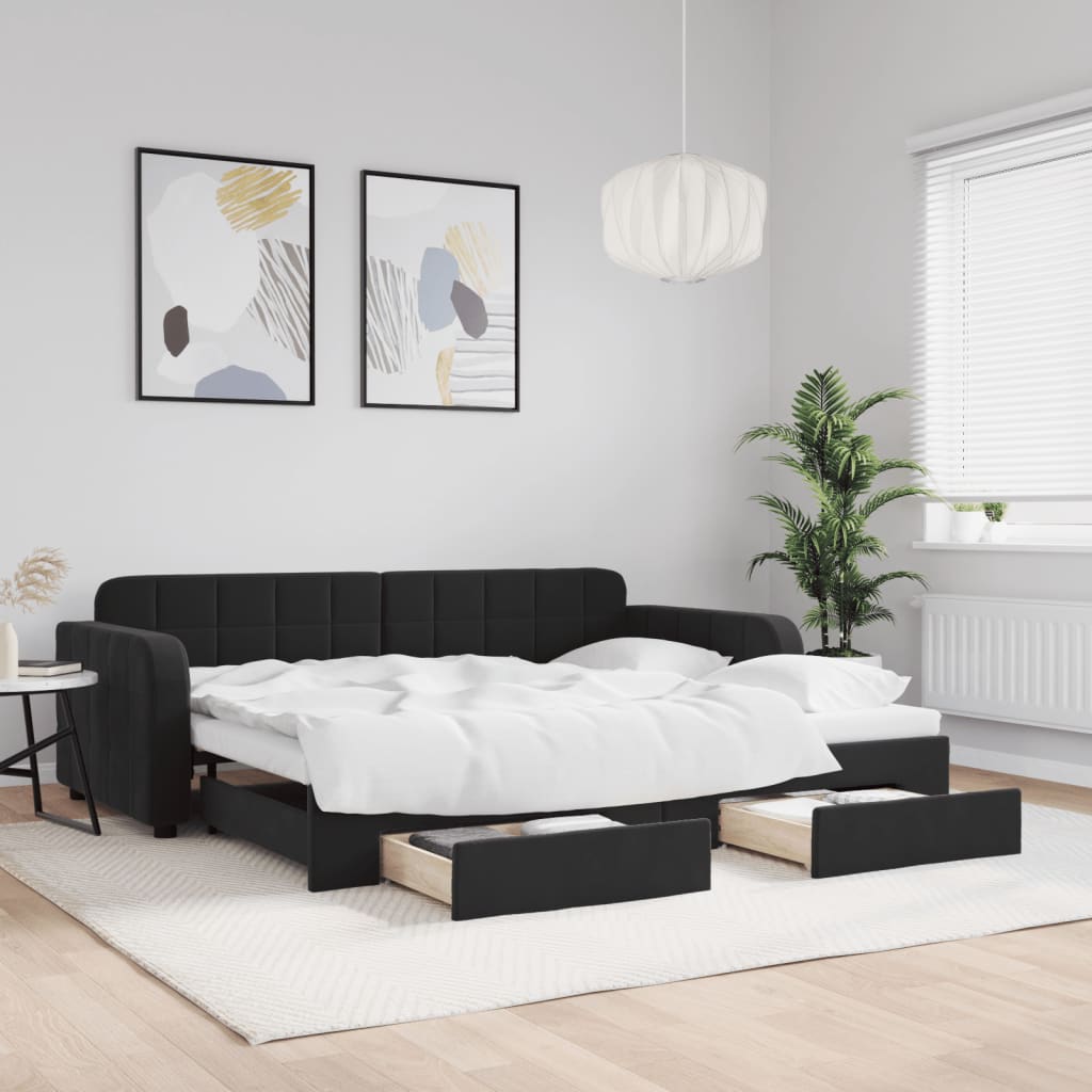 Dagbädd utdragbar med lådor svart 90x200 cm sammet