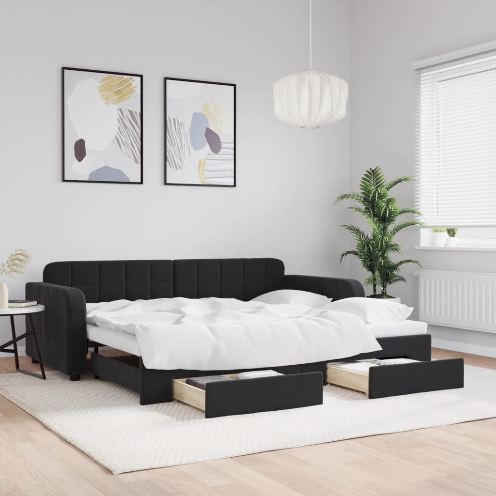 Dagbädd utdragbar med lådor svart 90x190 cm sammet