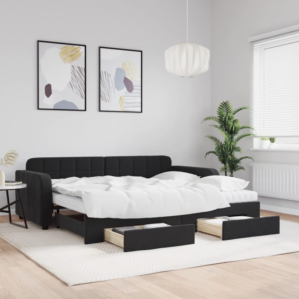 Dagbädd utdragbar med lådor svart 90x200 cm sammet