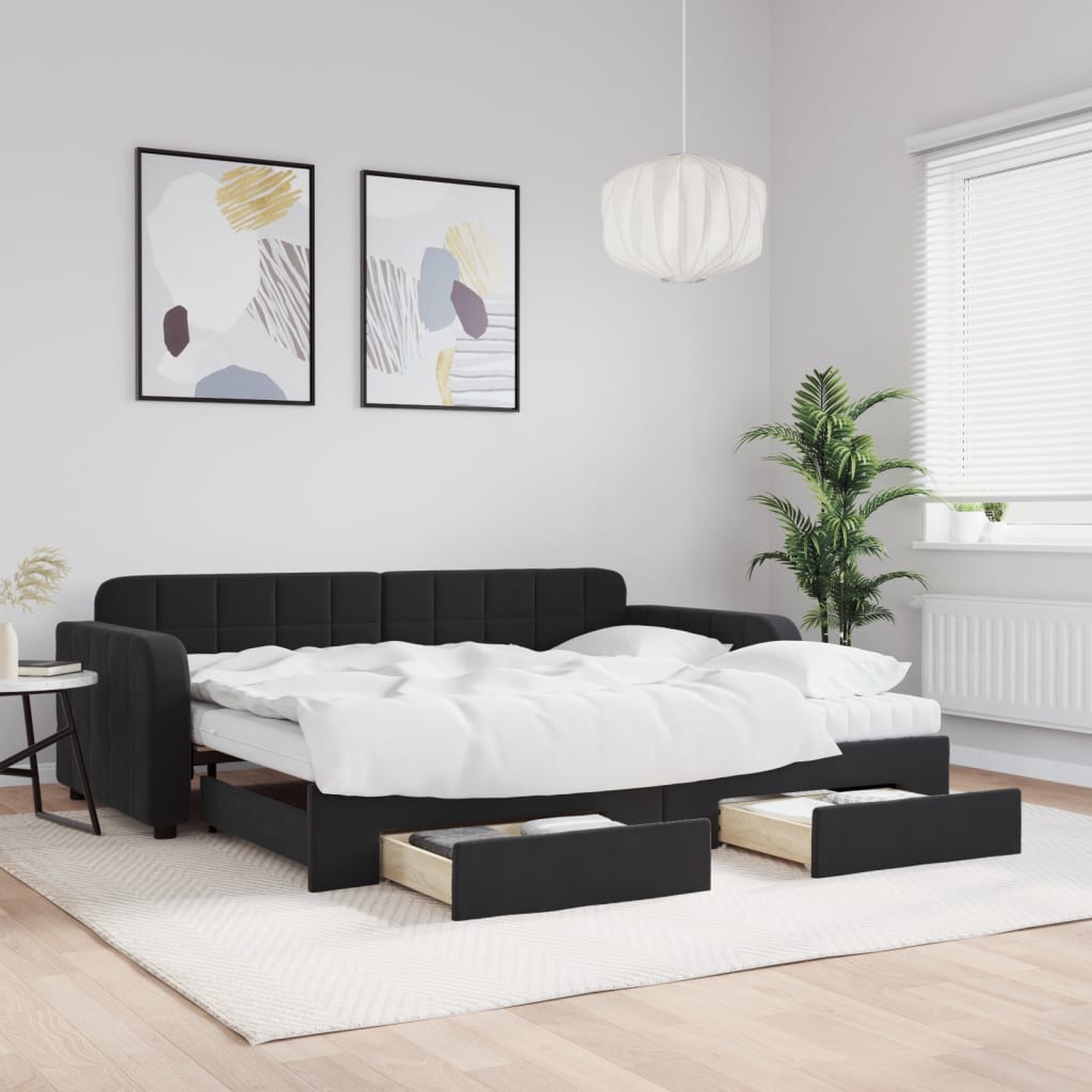 Dagbädd utdragbar med lådor svart 90x190 cm sammet