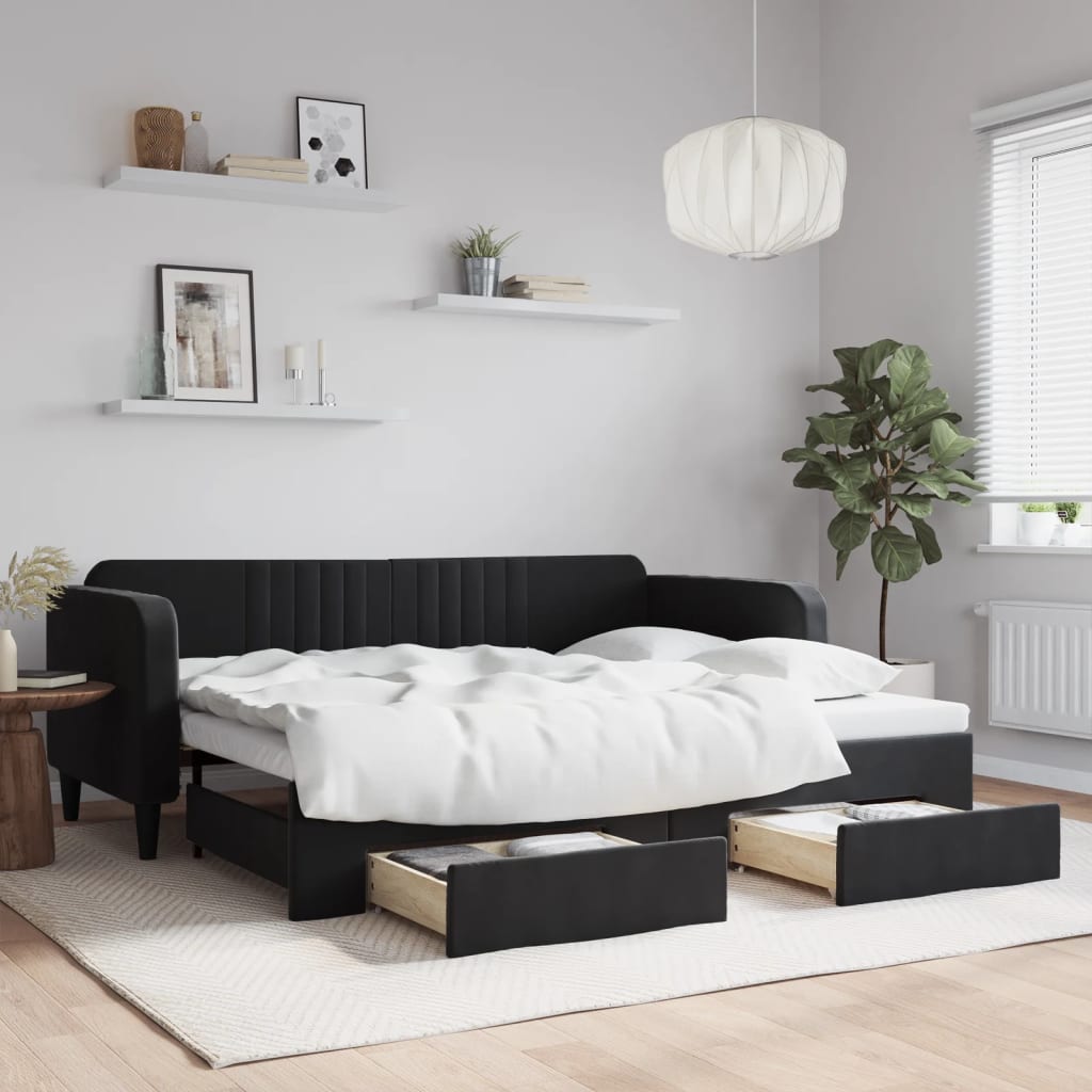 Dagbädd utdragbar med lådor svart 90x200 cm sammet