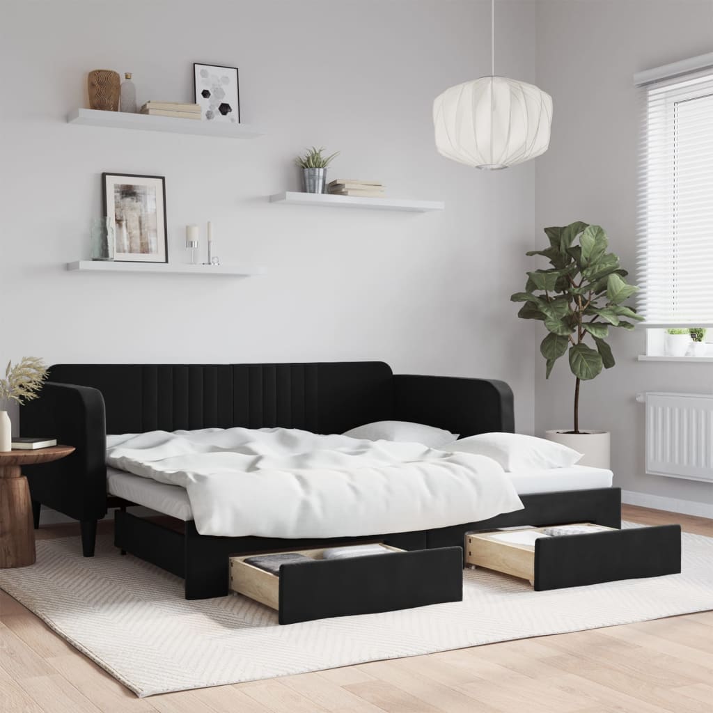 Dagbädd utdragbar med lådor svart 90x190 cm sammet