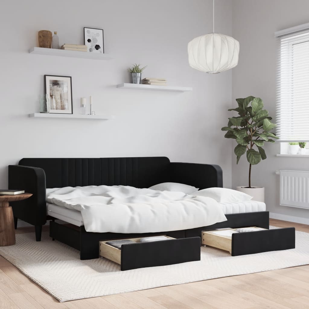 Dagbädd utdragbar med lådor svart 90x190 cm sammet