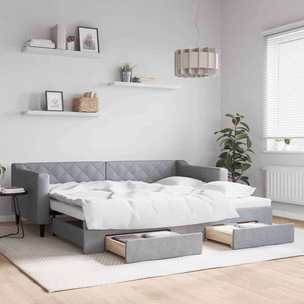 Dagbädd utdragbar med lådor ljusgrå 90x200 cm tyg