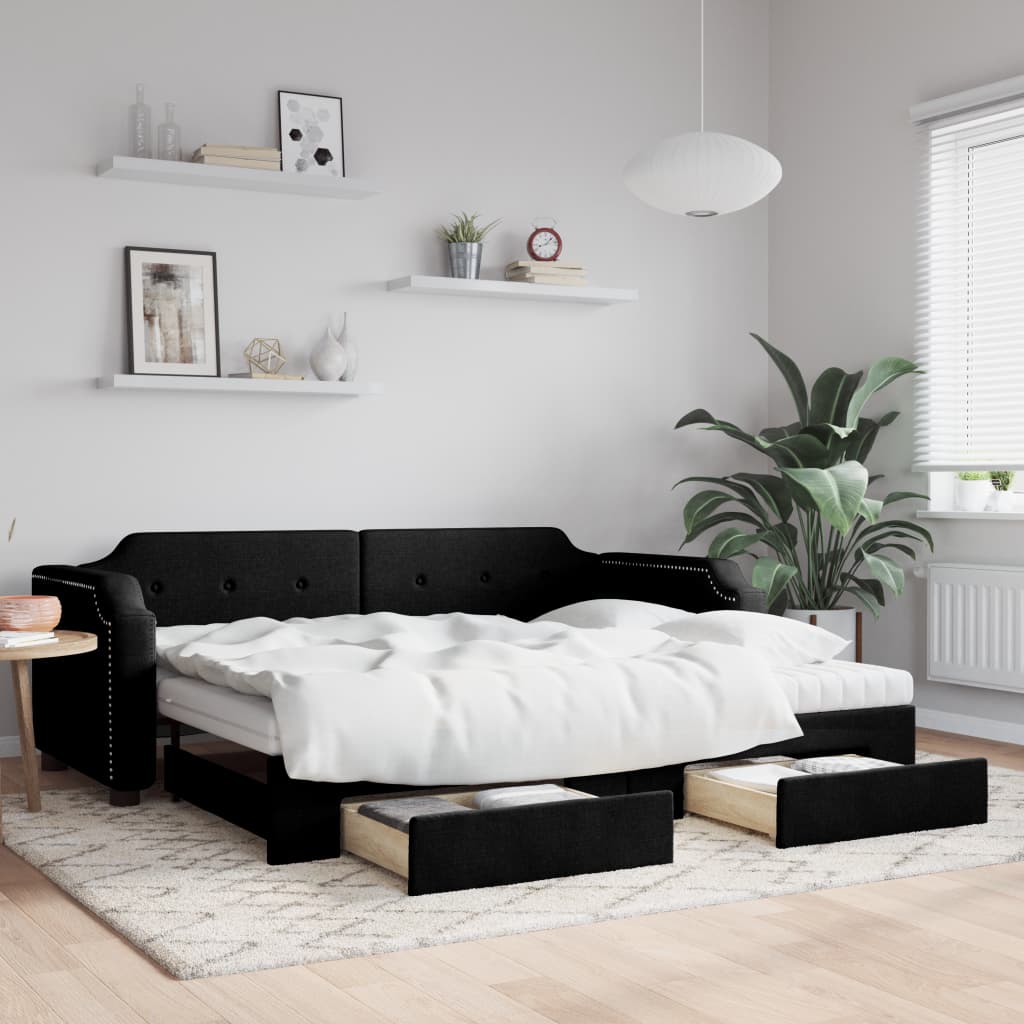 Dagbädd utdragbar med lådor svart 90x200 cm tyg