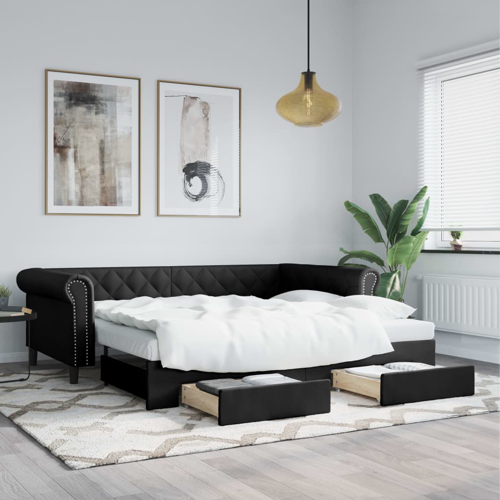 Dagbädd utdragbar med lådor svart 90x200 cm konstläder