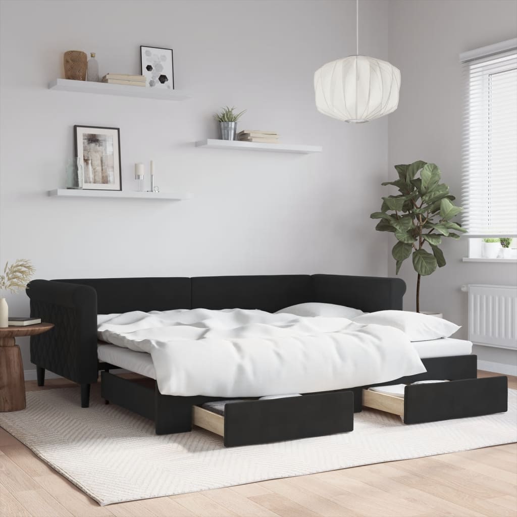 Dagbädd utdragbar med lådor svart 90x200 cm sammet