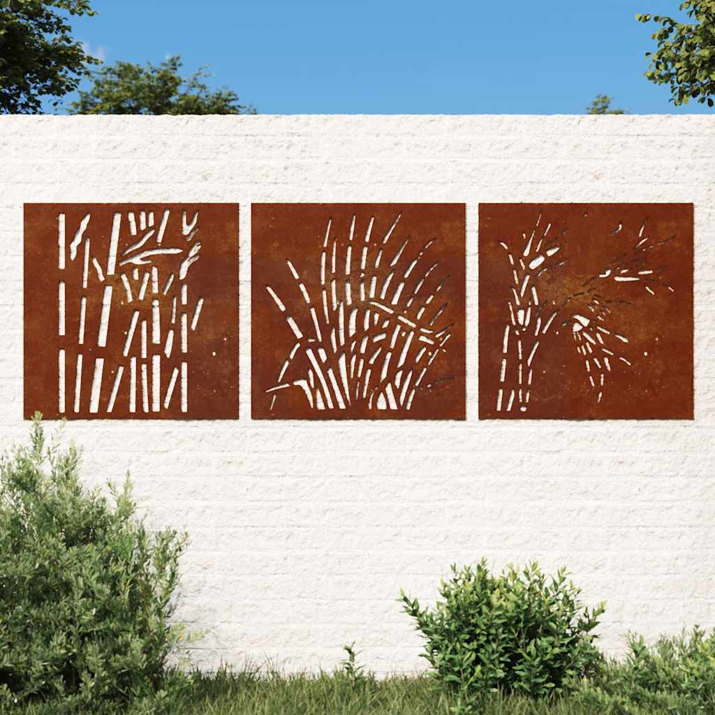 Väggdekorationer 3 delar 55x55 cm rosttrögt stål gräsdesign
