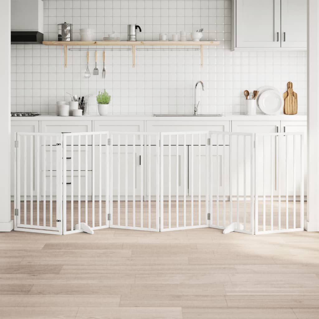 Hundgrind med dörr vikbar 6 paneler vit 300 cm poppelträ