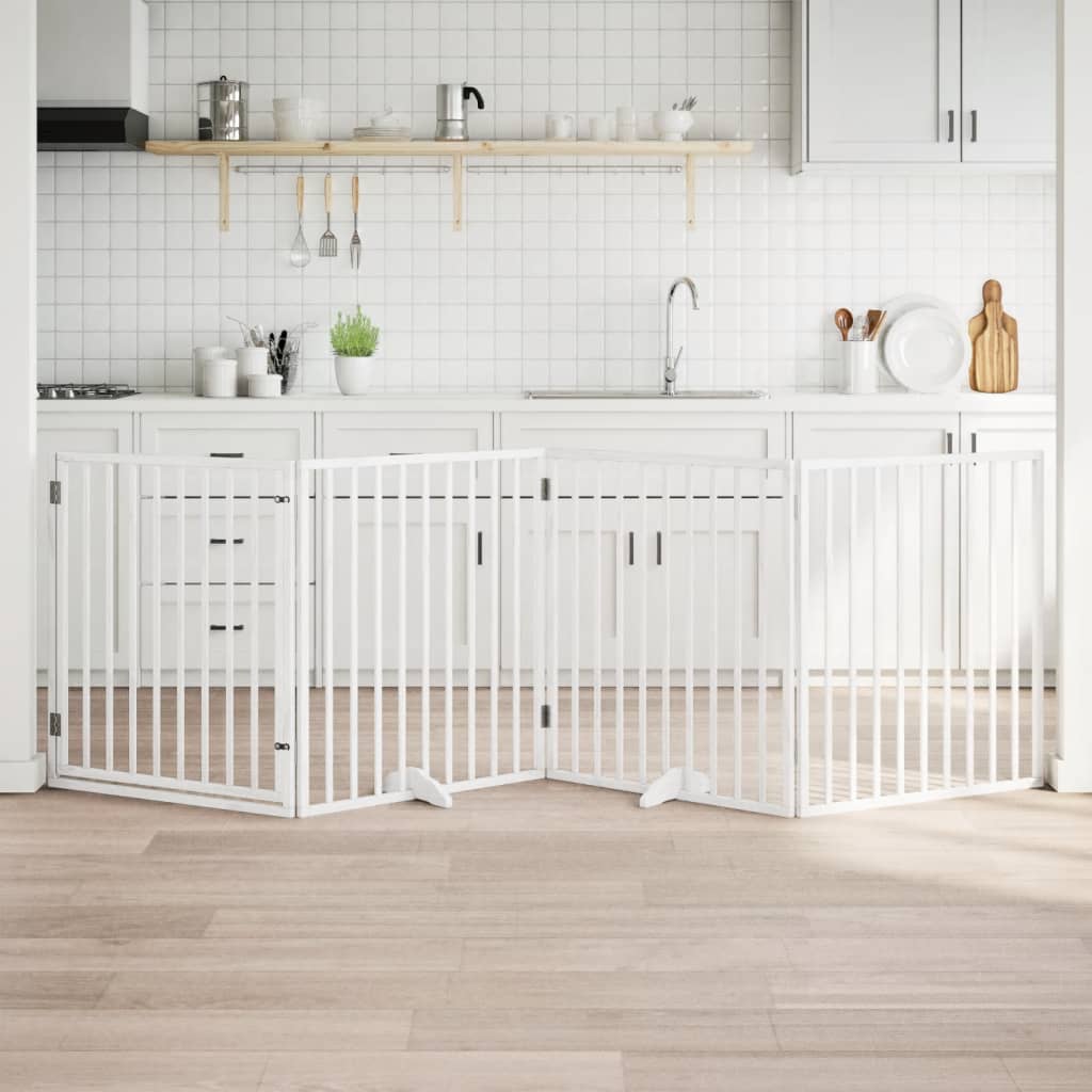 Hundgrind med dörr vikbar 4 paneler vit 320 cm poppelträ