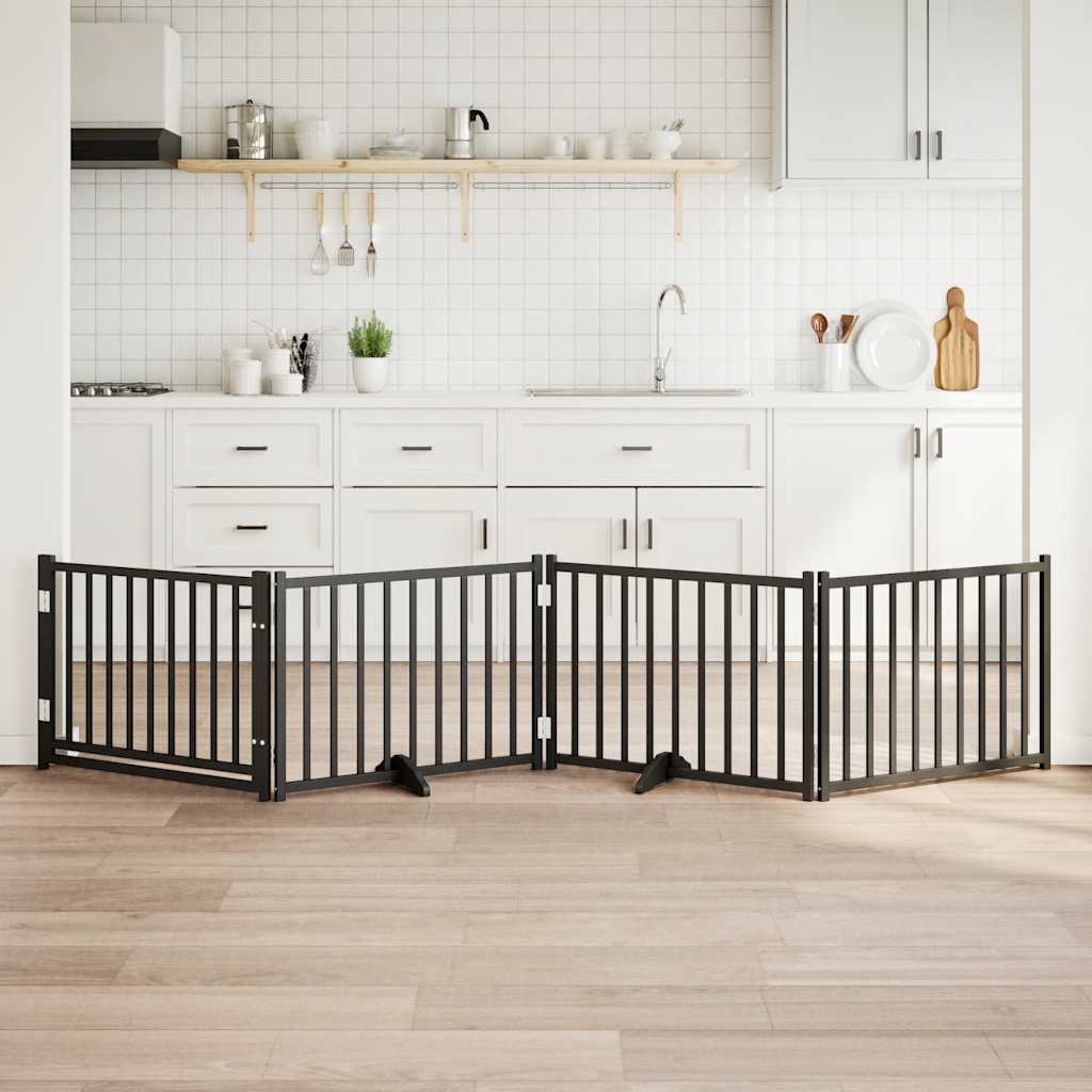 Hundgrind med dörr vikbar 4 paneler svart 320cm massivt granträ
