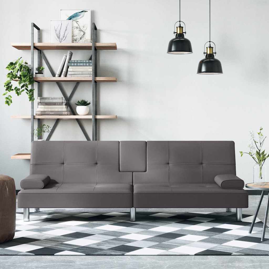 Bäddsoffa med mugghållare grå konstläder