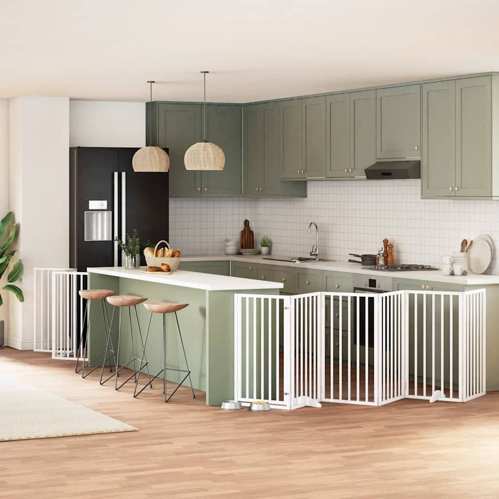 Hundgrind med dörr vikbar 15 paneler vit 750 cm poppel