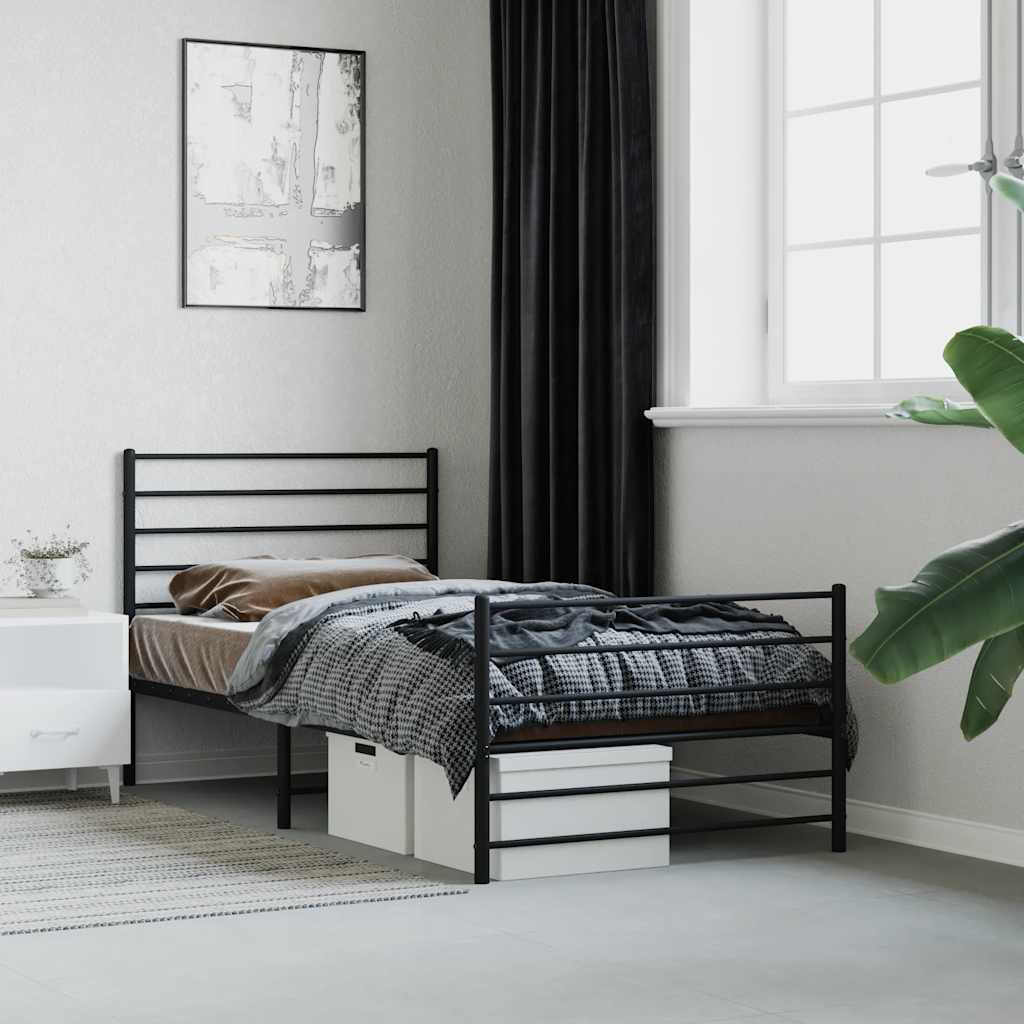 Sängram med huvudgavel och fotgavel svart metall 90x190 cm