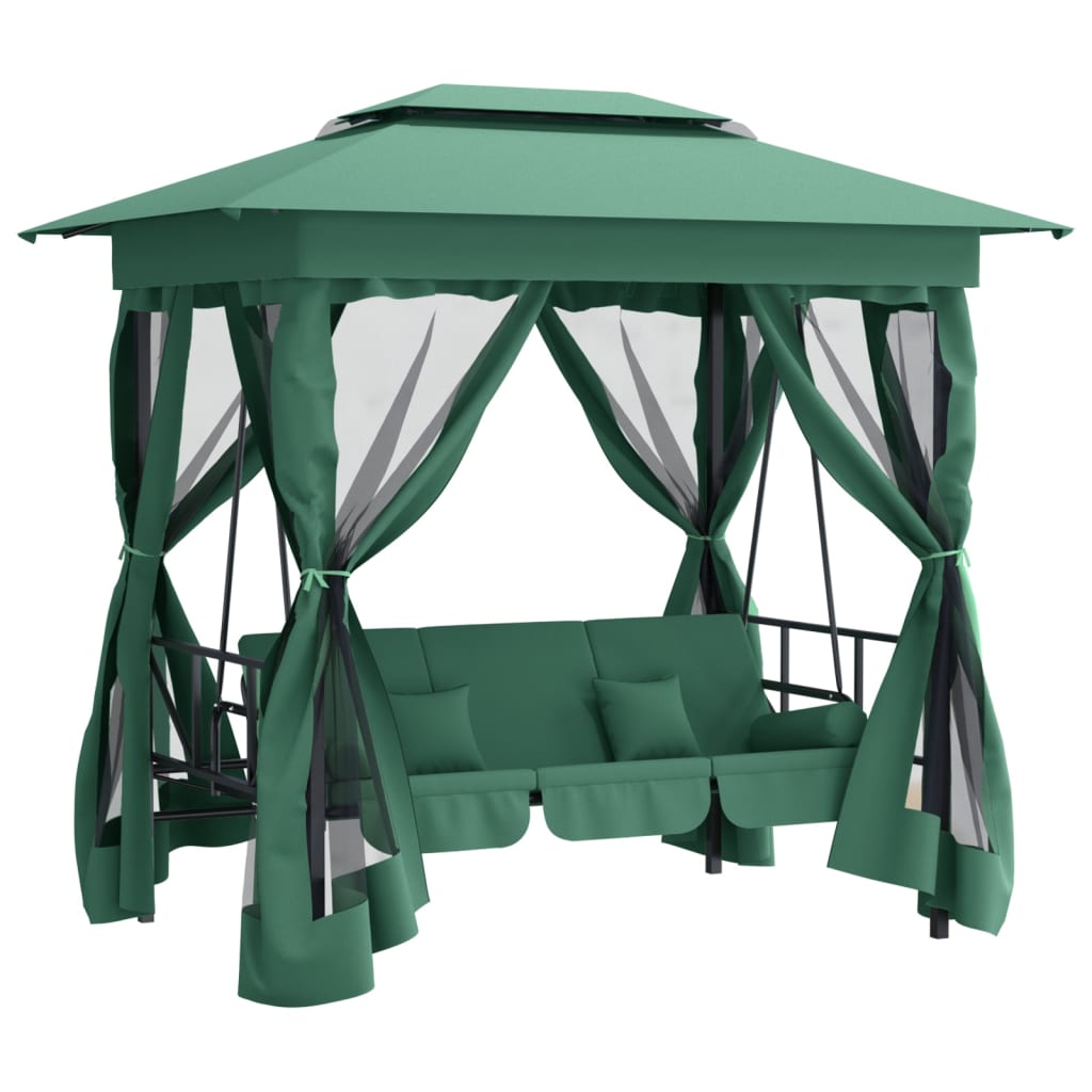 Paviljong med hammock grön tyg&stål