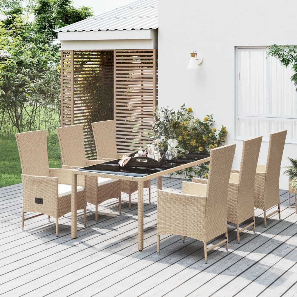 Matgrupp för trädgården med dynor 7 delar beige konstrotting