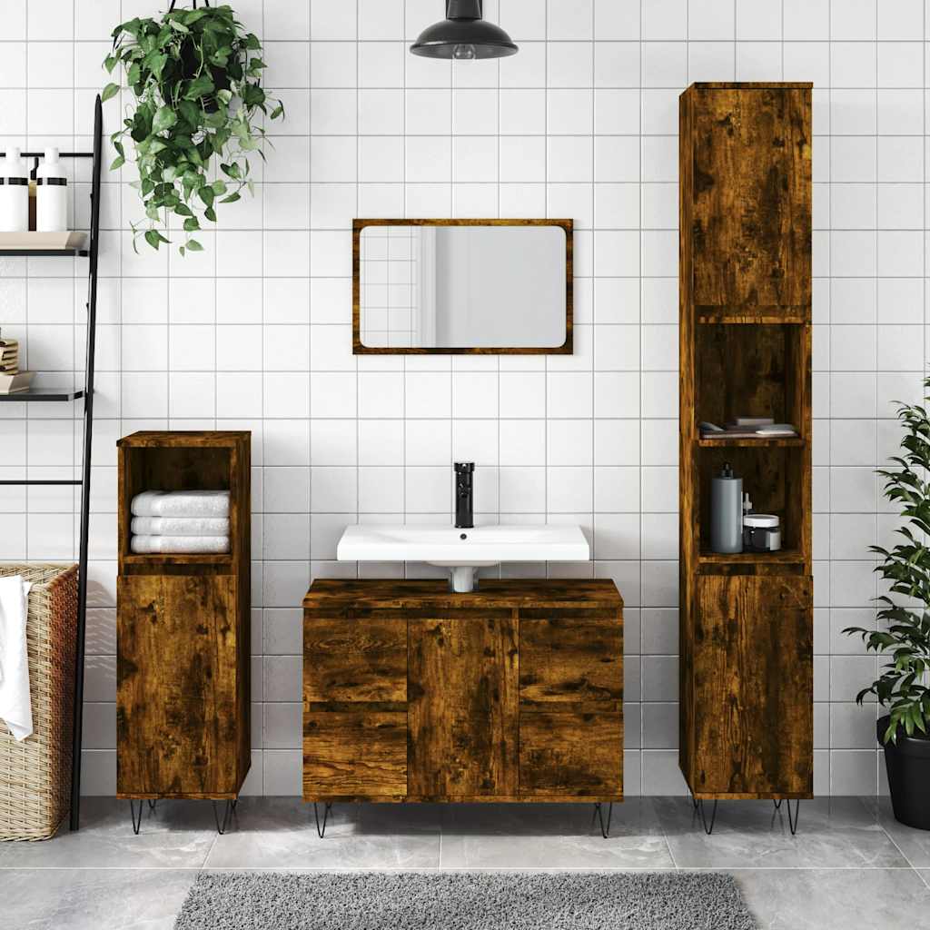 Badrumsskåp rökfärgad ek 80x33x60 cm konstruerat trä
