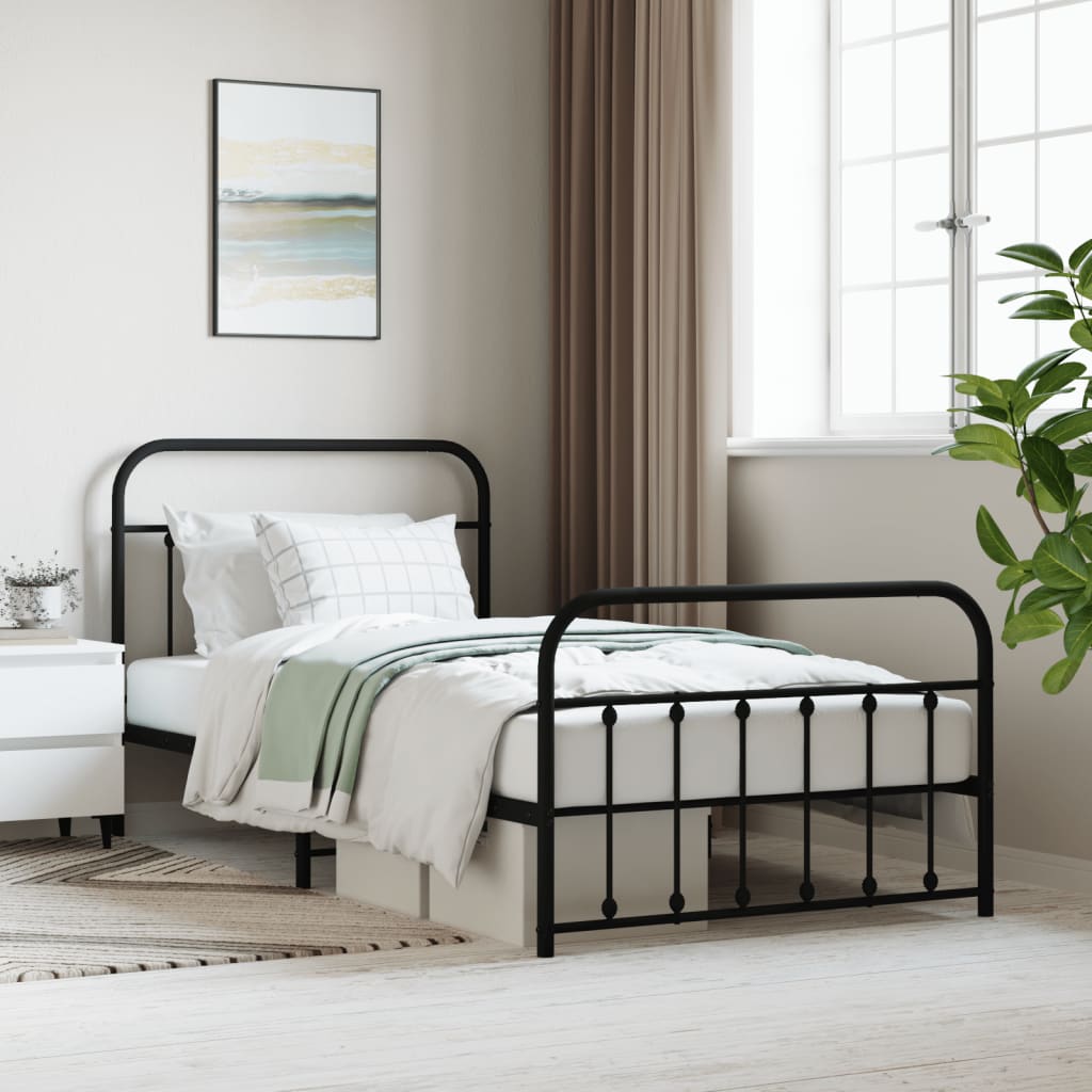 Sängram med huvudgavel och fotgavel svart metall 107x203 cm