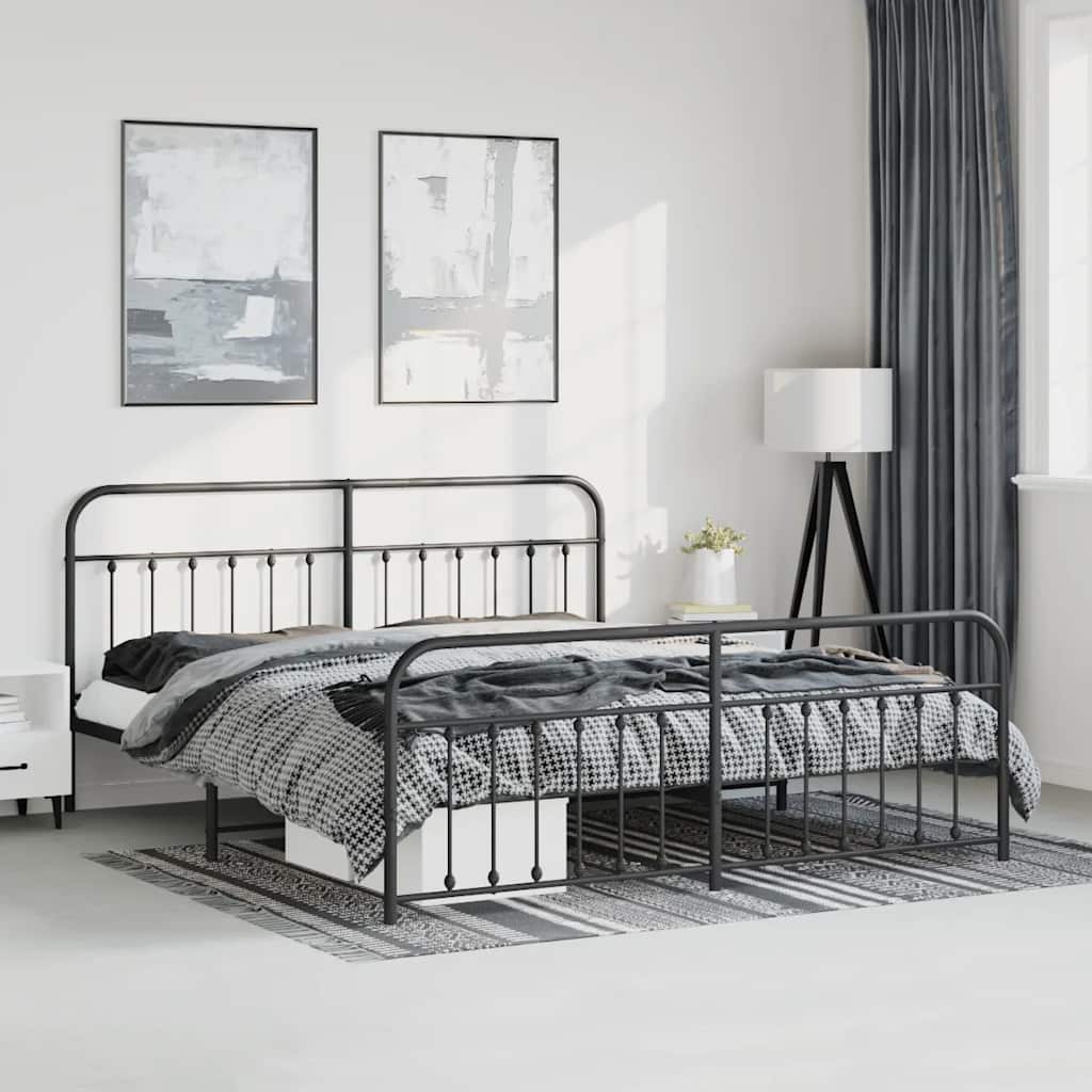 Sängram med huvudgavel och fotgavel svart metall 193x203 cm