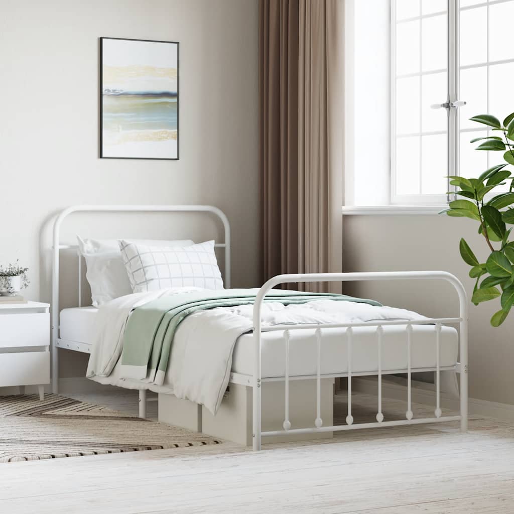 Sängram med huvudgavel och fotgavel vit metall 107x203 cm