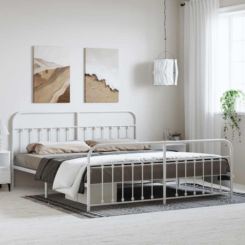 Sängram med huvudgavel och fotgavel vit metall 183x213 cm