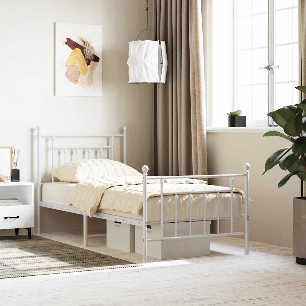 Sängram med huvudgavel och fotgavel vit metall 90x200 cm