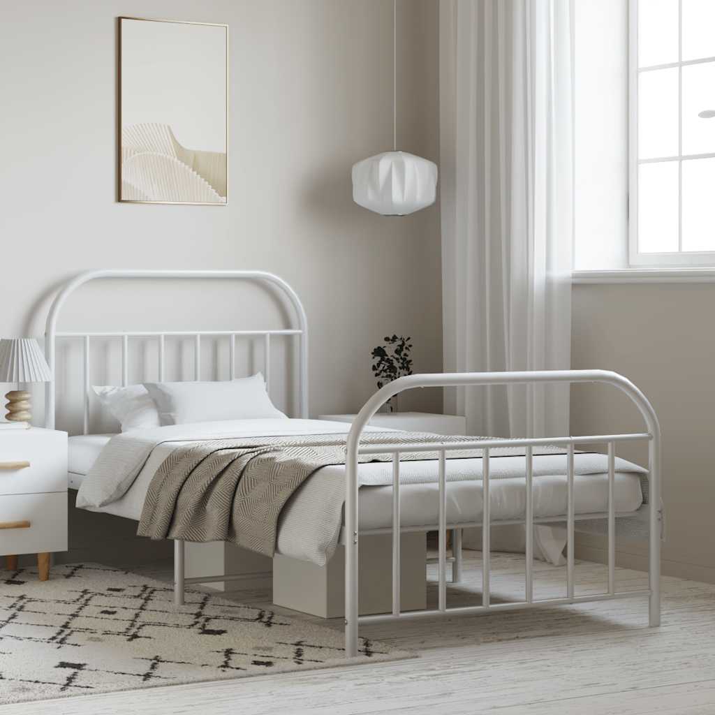 Sängram med huvudgavel och fotgavel vit metall 100x190 cm