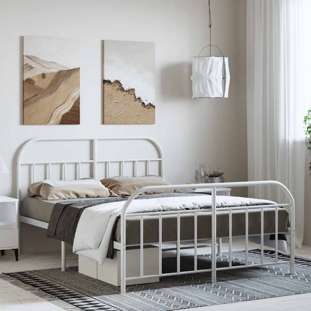 Sängram med huvudgavel och fotgavel vit metall 150x200 cm