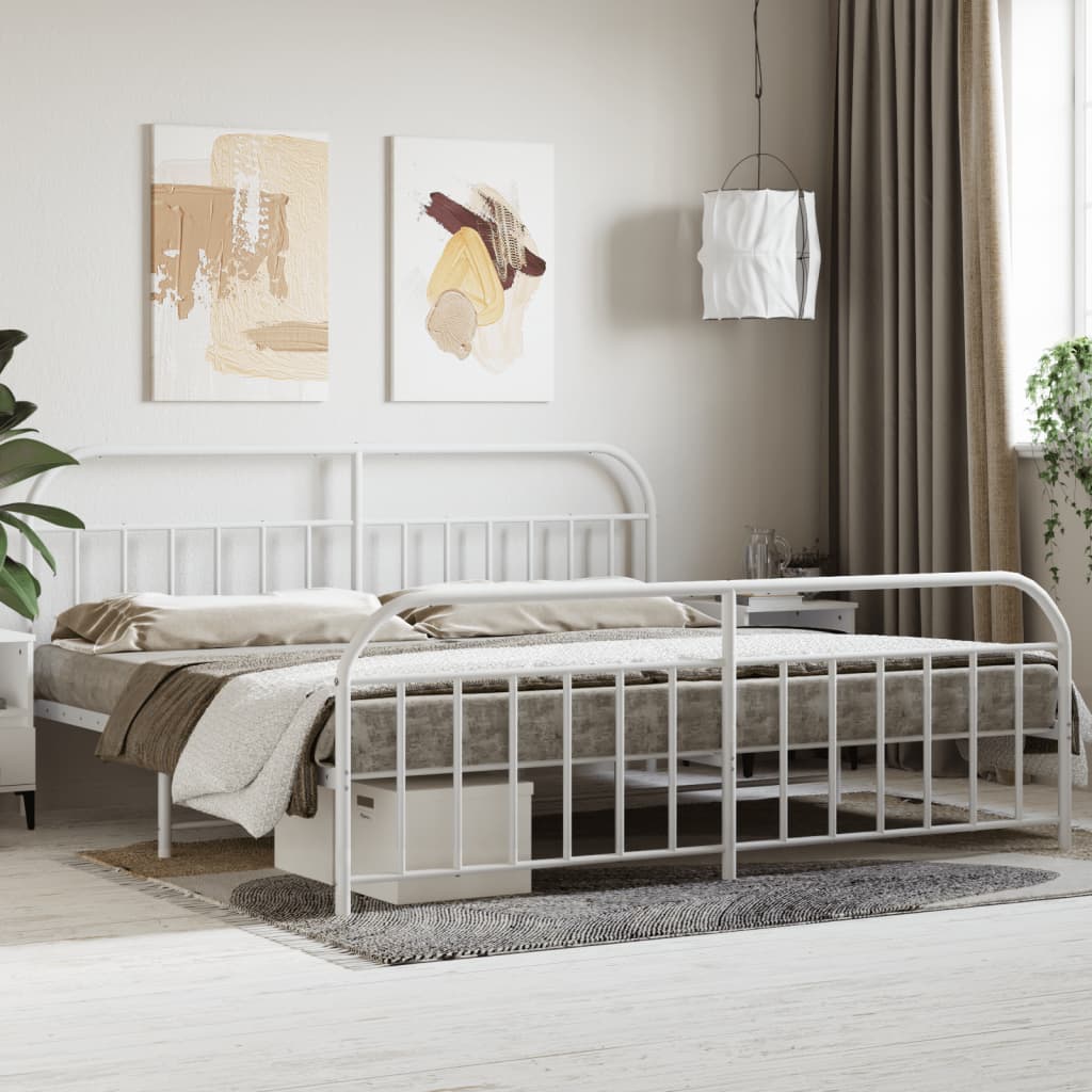 Sängram med huvudgavel och fotgavel vit metall 200x200 cm