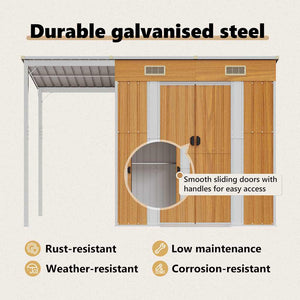 Trädgårdsbod med förlängt tak ljusbrun 277x107x181 cm stål