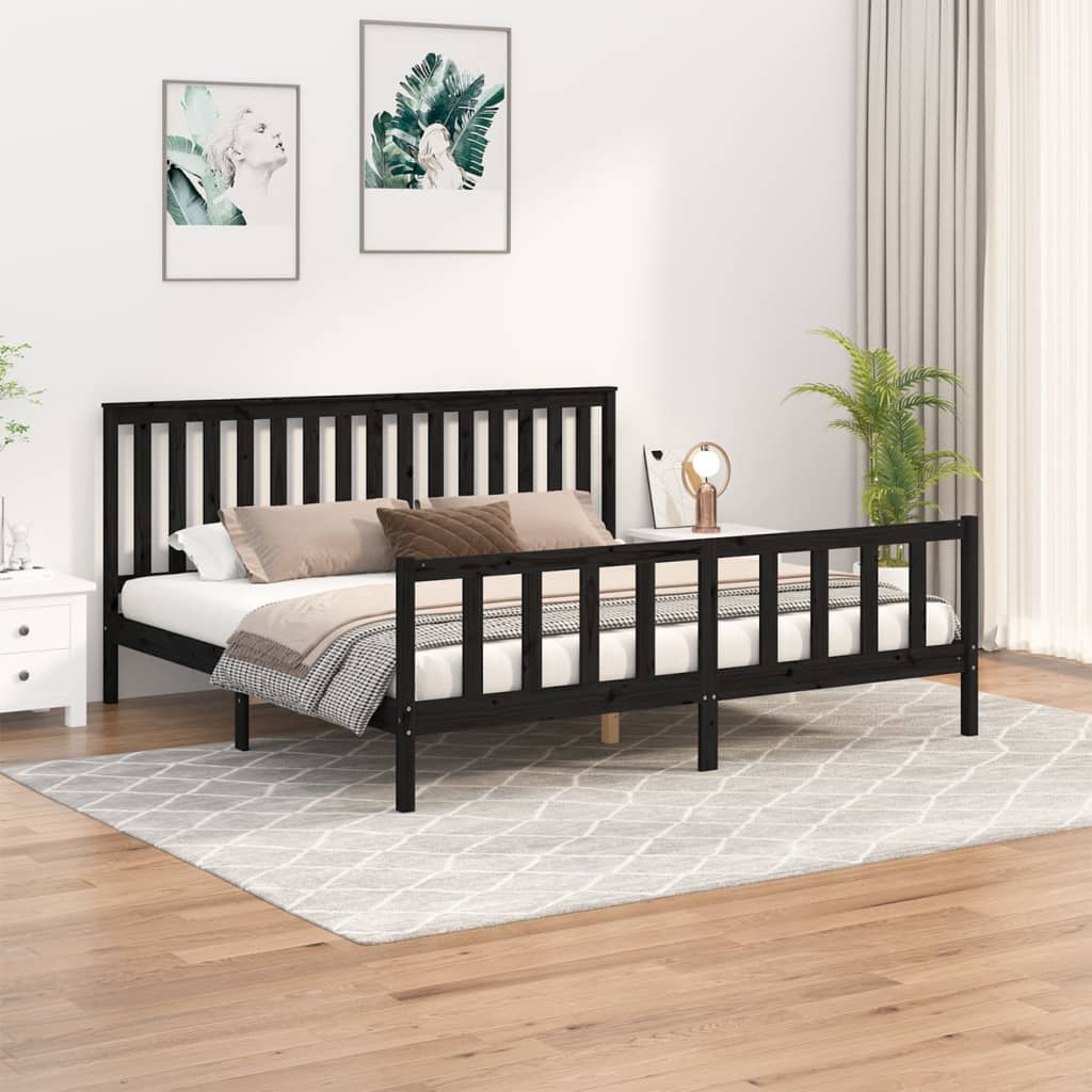 Sängram med huvudgavel svart 200x200 cm massiv furu