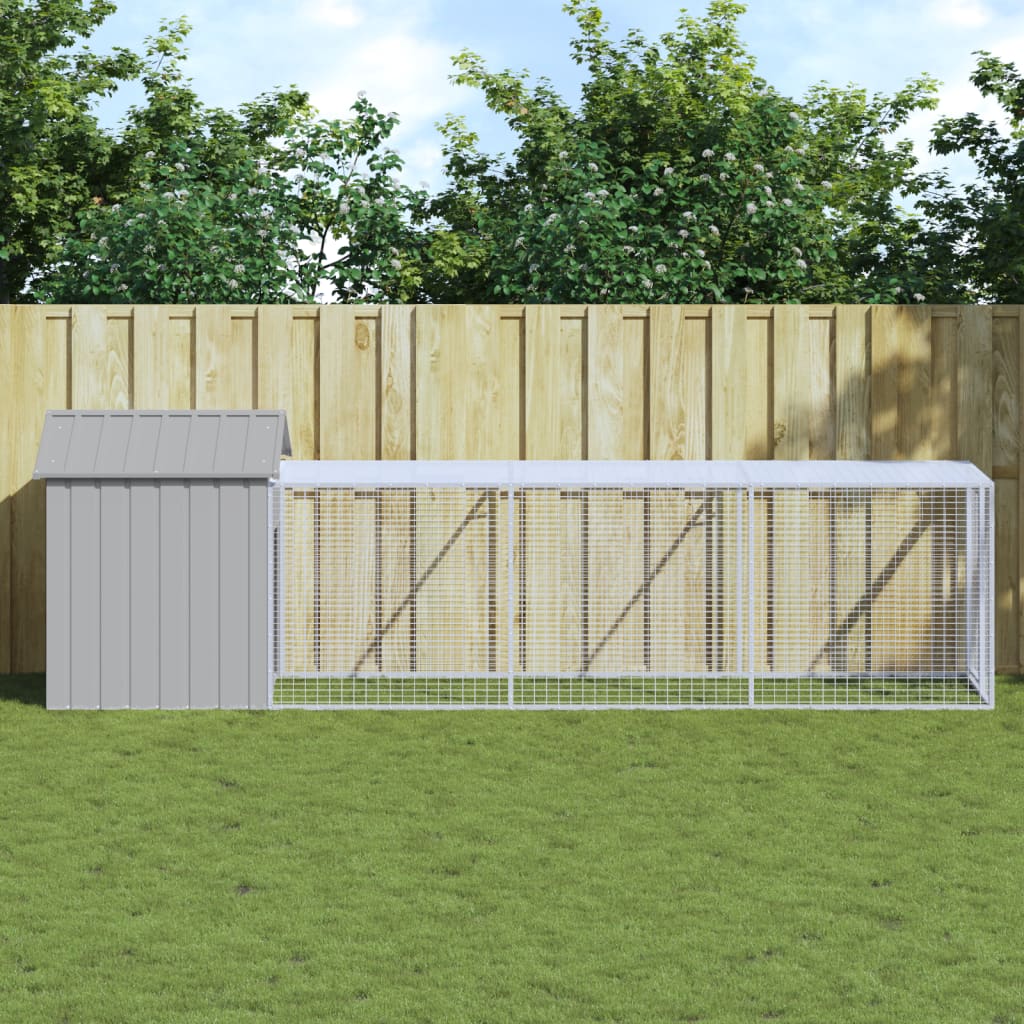Hönshus med gård ljusgrå 117x405x123 cm galvaniserat stål