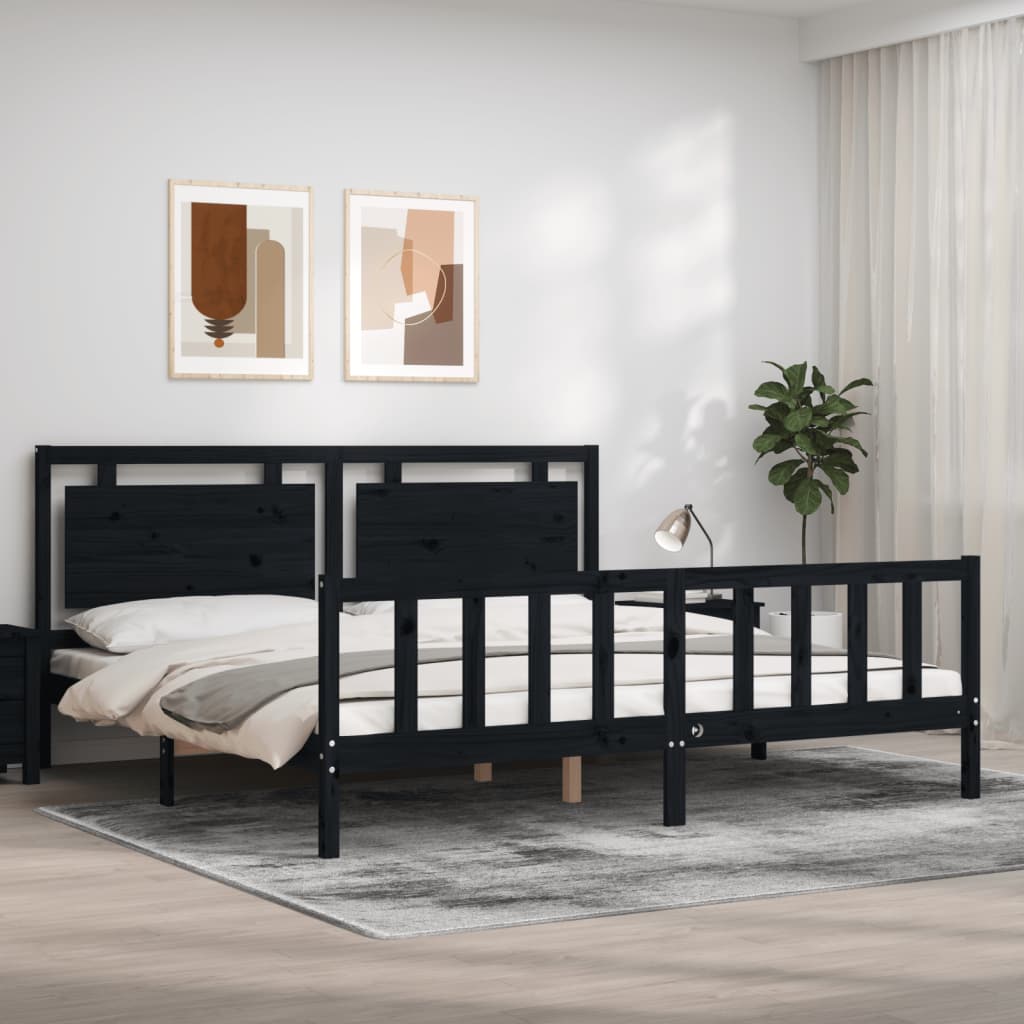 Sängram med huvudgavel svart 200x200 cm massivt trä